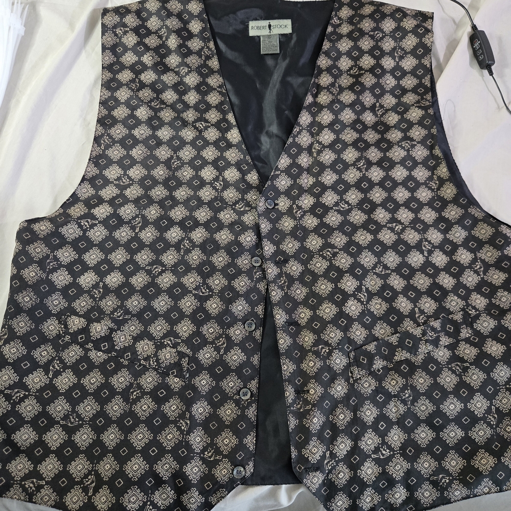 Robert Stock Men's XL Silk Formal Vest Black Tan Geometric Lined‎
